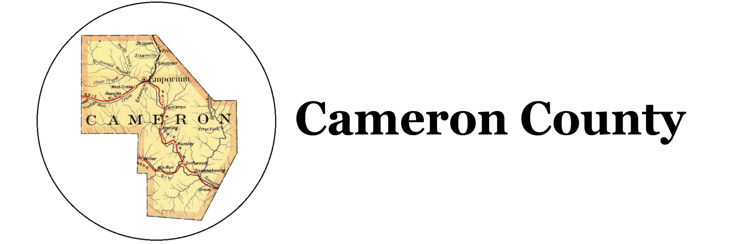 Cameron County logo - outline of the county with city text